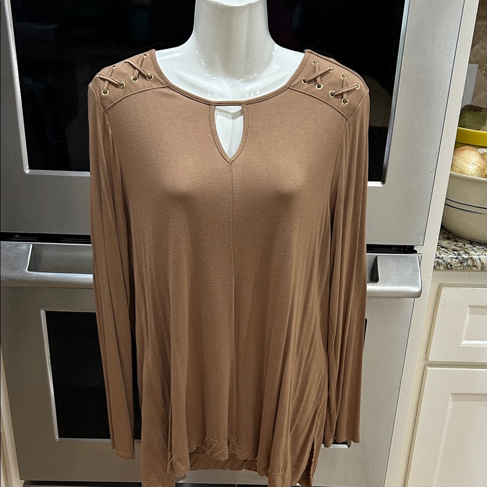 Chico's Tan Long Sleeve Top with Gold Details